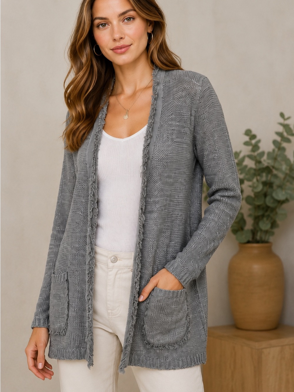 Marc Aurel frayed Edge open Front Cardigan / Soft Grey European Knit/ Luxe